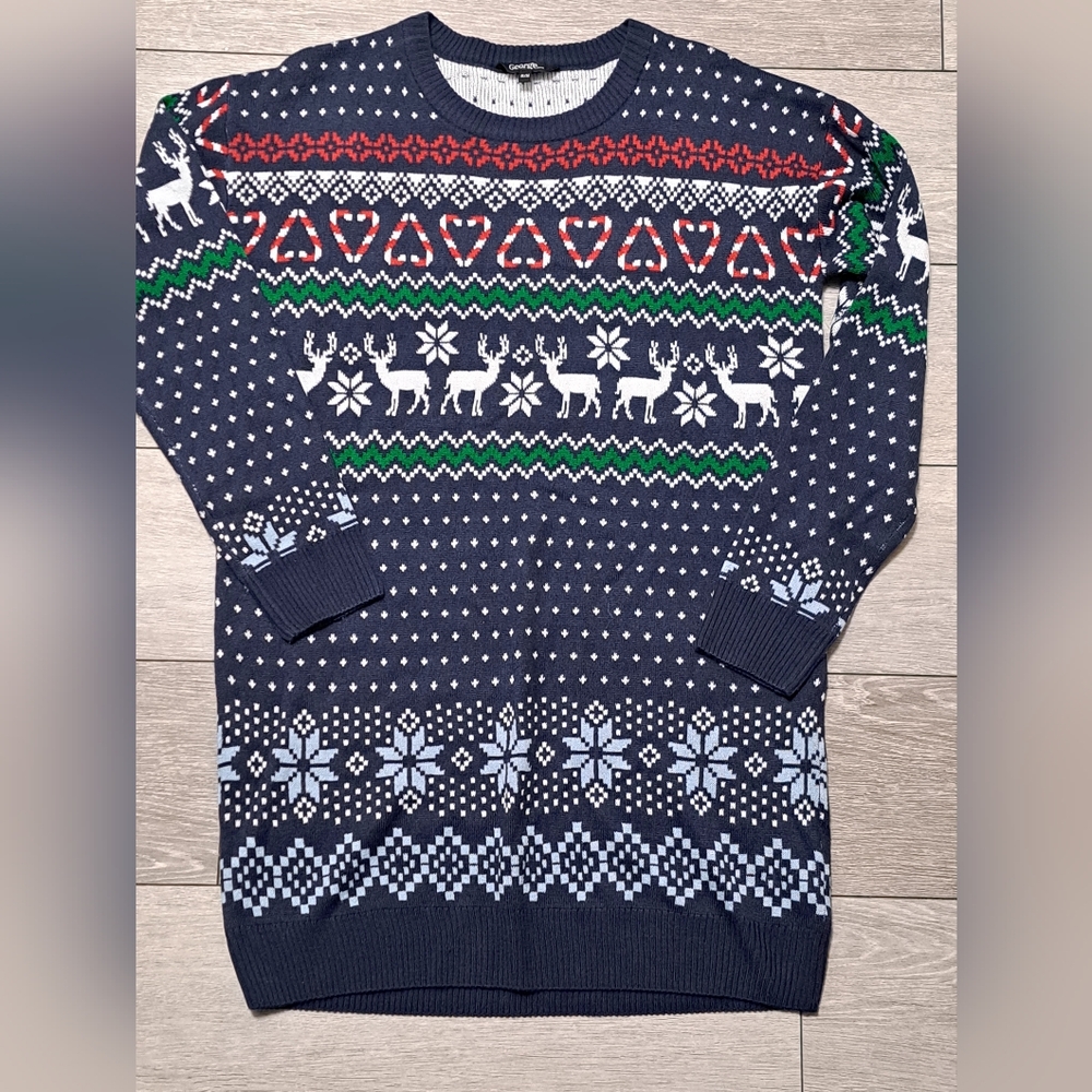 George Women's Navy Sweater Dress with Reindeer and Snowflake Patterno